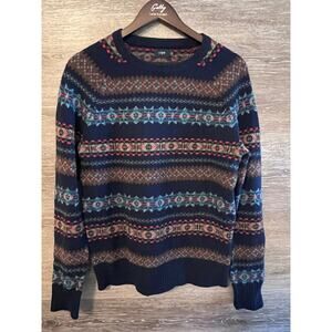 J. Crew lambs wool sweater men Sz small blue fair isle crew neck